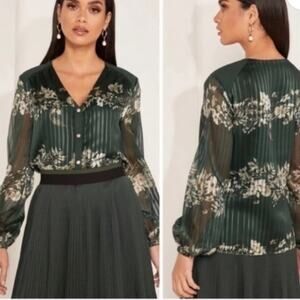 Ted Baker Evelin Floral Print Metallic Crepe Long Sheer Sleeve Green Blouse Sz 4